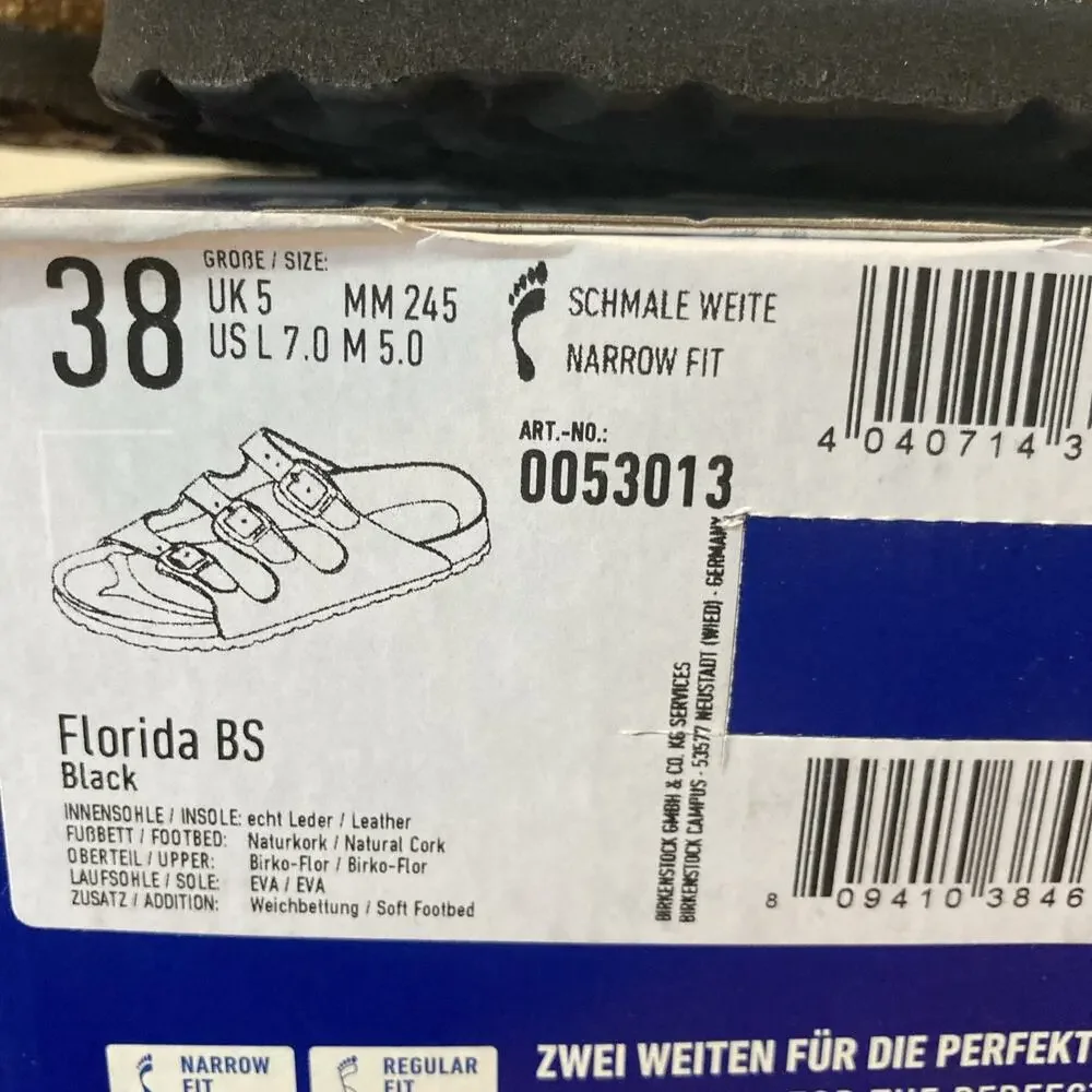 Size 7 Birkenstock Florida Soft Footbed Birko-Flor Leather Sandals Black Narrow